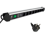 Aluminium power strip, 8-way, with overvoltage protection, cable length 1.40m
